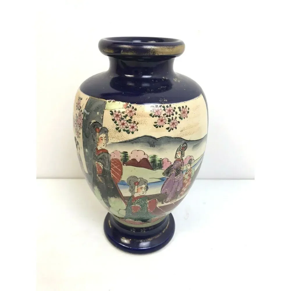 Japanese Vase 12' Geisha Girls Blue Gold Ancient Scene Asian Art Ceramic